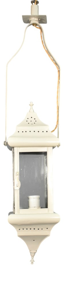 French Toleware Hall Lantern, 1920s: French Toleware Hall LanternAn elegant French Interior Hall Lantern featuring an appealing light grey paint finish with matching finials with pierced toleware metalwork at the top and base.The hi