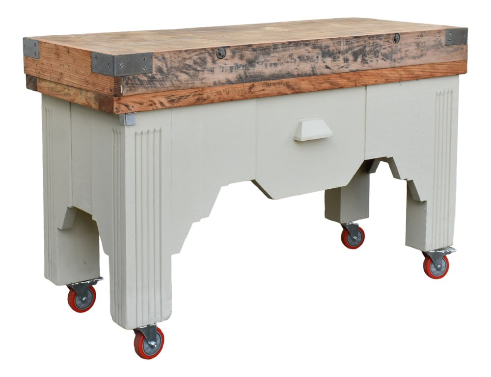 French Art Deco Butchers Block, 1920s: French Art Deco Butcher's BlockFeaturing a beech cutting block top, this French Art Deco Butcher's Block / Kitchen Island exemplifies a great design with wonderfully aged marks that narrate its rich