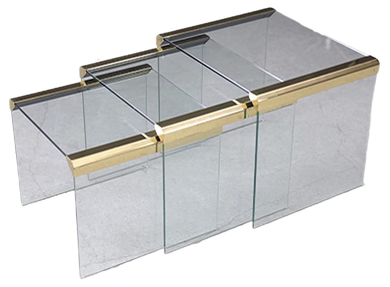 Side Tables for Leon Rosen, 1970s, Set of 3: This set of three Waterfall tables was designed by Leon Rosen for the American Pace Collection manufacture during the 1970s. The tables were made of tempered glass with a slightly sea tint. The edges