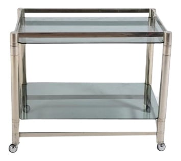 Chromed Steel Serving Cart Side Table, 1970s: Beautiful Italian modern design chromed steel serving trolley/side table on wheels from 1970’s. Fitted with 2 tinted glass plates. Condition Good, age related wear and marks. Country of Manufact