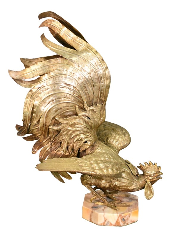 Large French Cockerel Rooster in Brass, 1950s: Large French Brass Cockerel Rooster An impressive large French brass cockerel stands in a fighting pose with its wings out-stretched and tail held high. The piece shows great attention to detail
