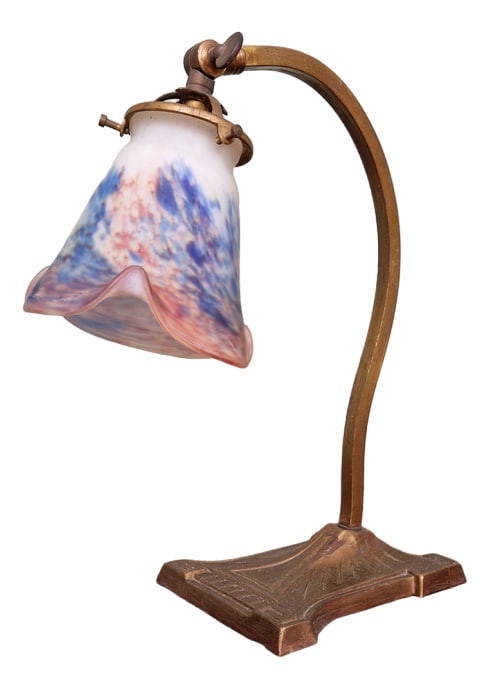 Art Deco Desk Lamp by Le Verre Français, 1920s: Art Deco desk lamp with a marmoreal glass bobèche signed with acid "Le Verre Français", 1920s-30s.The pieces signed “Le verre Français” came from the Schneider