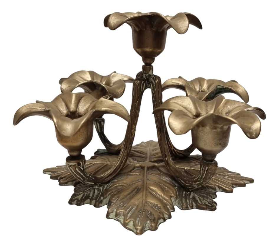 Mid-Century Five-Arm Flower Candlestick, 1950s: This mid-century 5-arm brass flower candlestick is an elegant and atmospheric decorative object from France, dating from the mid-century period. Crafted from solid brass, the candlestick rests on a