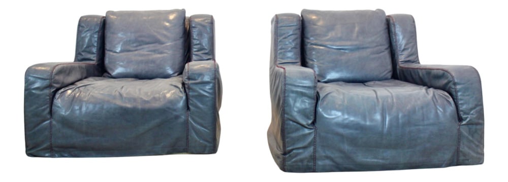 Leather Lounge Chairs by Paoloa Navone, Set of 2: Vintage Gray Leather Lounge Chairs by Paoloa Navone, 1980s, Set of 2. Iconic Paola Navone Leather armchairs. These classic chairs with high comfort come in beautiful Grey soft leather upholstery and.