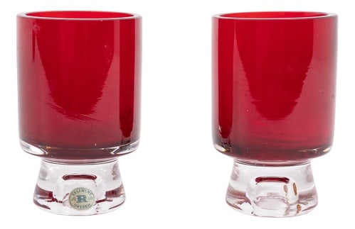 Reijmyre Red Glass Vase by Monica Bratt, 1950s: Vintage Mid-Century red cranberry glass pair of cylindrical shape vases with a clear glass base, designed by Monica Bratt for Reijmyre. Condition Good. Production Period: 1950 to 1959 Detailed