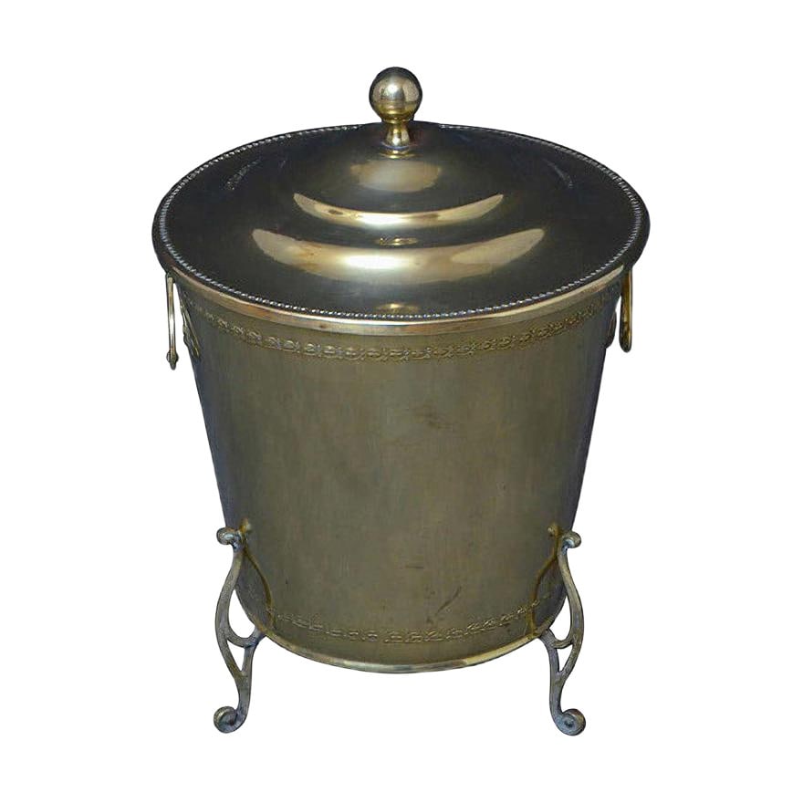 Antique Edwardian Brass Planter Coal Bucket: Edwardian brass coal bucket or planter, having original lift up lid with beaded edge enclosing original removable liner, all fitted with shaped carrying handles and 3 cabriole legs. This antique coal