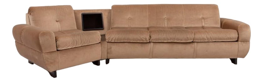 Italian Curved Sofa, 1960s: 1960s Free standing Italian design curved sofa with a side table and a storage space. Upholstered in sand velvet fabric, loose cushions. Condition Fair, age related wear. Country of Manufacture: