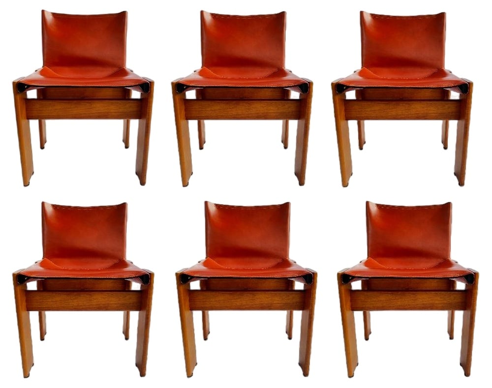 Monk Chairs by Scarpa for Molteni, Set of 6: Wonderful set of 6 Monk Chairs designed by Afra & Tobia Scarpa for Molteni, Italy, 1974.Wood structure with red/brick leather, as pics.Very good conditions, some chairs may have some obvious