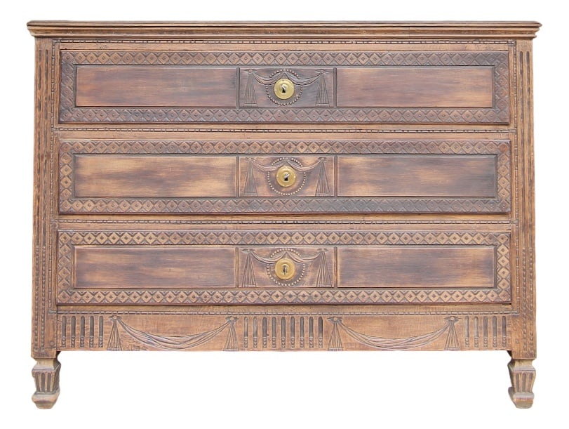 Antique Provincial Louis XVI Chest of Drawers: A provincial classicist Louis XVI chest of drawers. West German, around 1800. Made of solid oak with original patina.Traditionally cased oak body with three large drawers under a slightly protruding