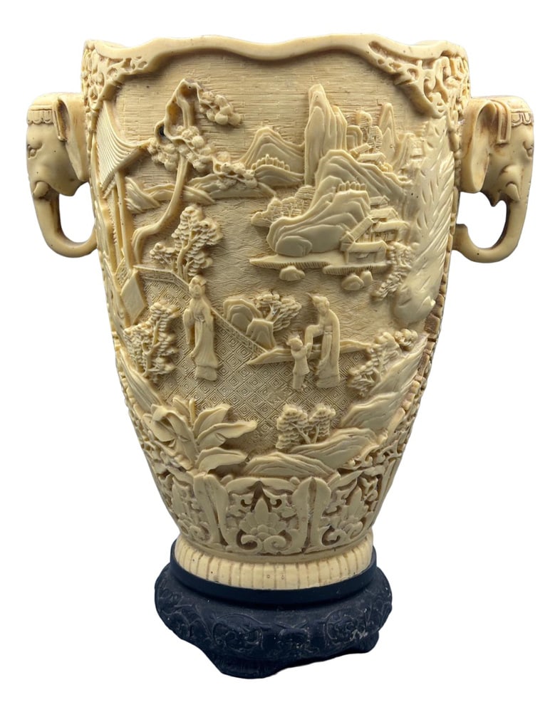 Large Chinese Carved Resin Vase, 1930s: Carved vase from China made of imitation ivory on a base in very good condition Country of Manufacture: China Design Period: 1920 to 1949 Production Period: 1930 to 1939 Restoration and Damage