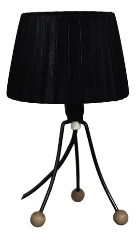 Table Lamp with Black Lampshade, Poland, 1960s: This small table lamp was made in Poland during the 1960s. The base is a three-legged tripod made of black-tinted metal. Turned, spherical feet are made of solid wood. The classic, pleated, black