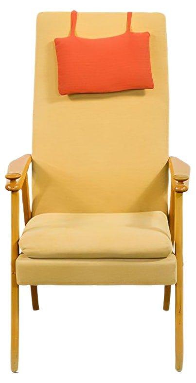 Swedish Modern Armchair, 1960s: Swedish Modern armchair with lacquered beech frame, upholstered in mustard fabric and equipped with loose head cushion. Condition Good, age related wear. Production Period: 1960 to 1969 Detailed