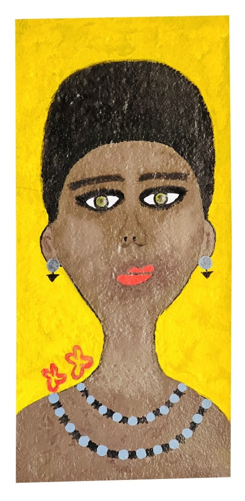 Sagida, Painting on Metal, 2000s: Portrait of a woman named Sagida, painted on a metal canvas, depicts vivid colors with prominent pupils. Treated with oil to prevent rusting. The metal is 0.5cm thick and the weight is about 4kg.