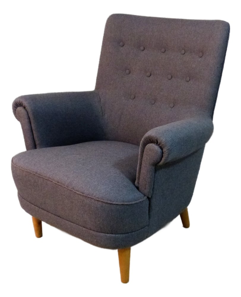 Easy Armchair by Carl Malmsten for O.H. Sjögren: Easy chair modell Hemmakväll by Carl Malmsten for AB O.H. Sjögren, Sweden.Grey fabric furnish, coilspring seat, blonde wooden legs.Designed in 1956, this is a later edition from the 70s.
