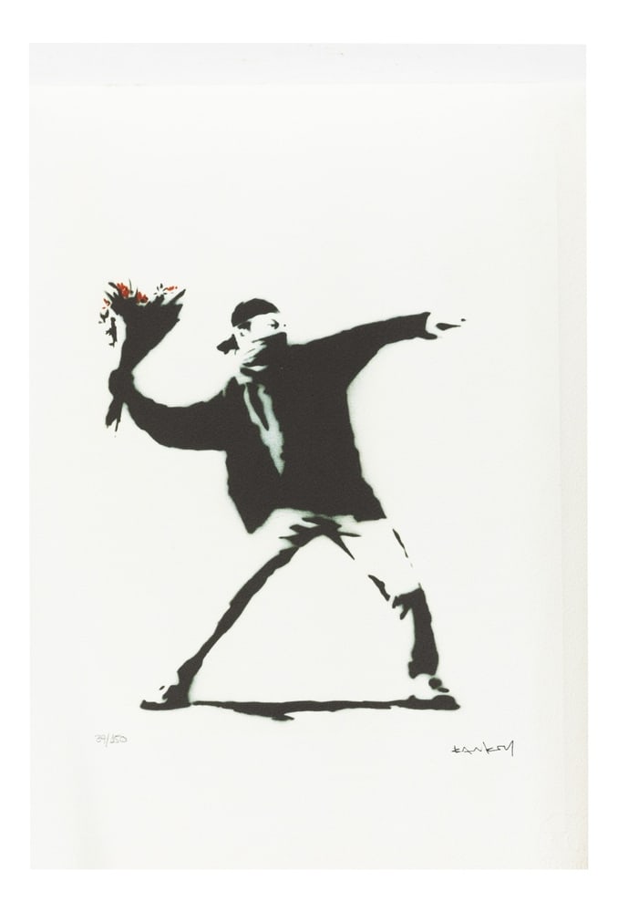 Banksy, Flower Thrower / Love Is in the Air, 2003: BANKSY (1974) - "Flower Thrower" / "Love is in the Air". Silkscreen on paper, numbered 39/150. Signed. Dimensions: 38 x 28 cm.Image : The central figure is a protester, represented in stencil style