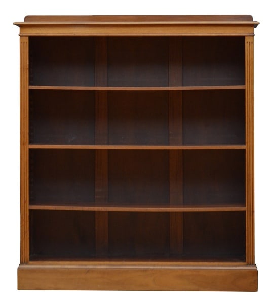 Edwardian Walnut Open Bookcase, 1900: K0622 Edwardian open bookcase in walnut, having shaped upstand to the back edge, figured walnut top with moulded edge and shallow frieze above three height adjustable shelves flanked by reeded pilaste