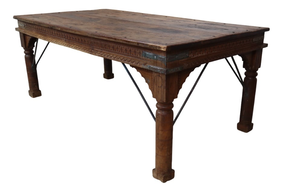 Indonesian Hand-Carved Teak Dining Table: Unique handmade dining table made of recycled teak wood, originating from Indonesia. This table combines authentic craftsmanship with a timeless, antique look. The detailed carvings along the edges