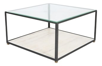 Italian Architectural Coffee Table, 1960s: Architectural square coffee table from 1960s produced in Italy. Features black coated steel base with brass feet caps, loose glass top and marble plate at the bottom. Condition Good, age related wear