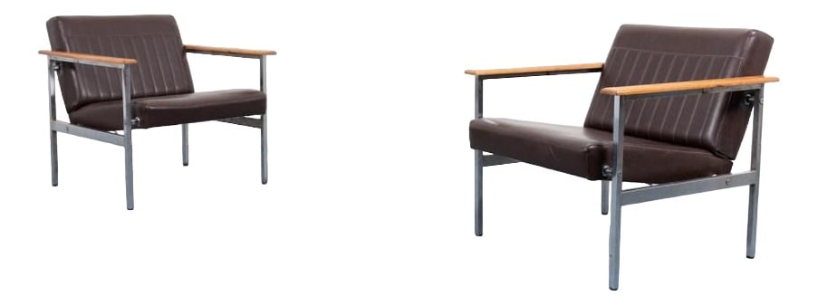 Italian Architectural Armchairs, 1960s, Set of 2: Pair of lounge armchairs from 1960s, produced in Italy. Tubular steel frame with varnished wood armrest and brown galon upholstery. Condition Fair, age related wear and marks. Country of Manufacture: