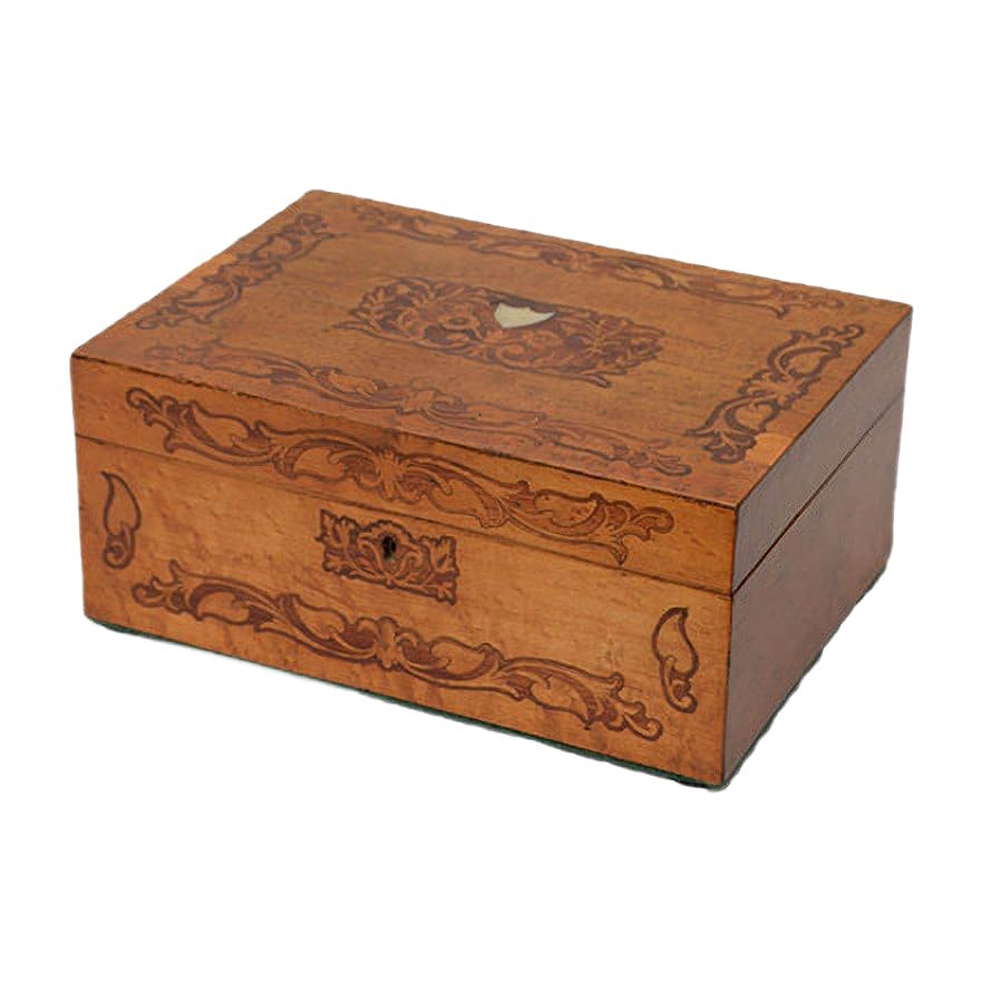 Victorian Birdseye Maple Jewelry Box: Super Victorian bird""s eye maple and tulipwood jewellery box or sewing box, having finely inlaid front and lid which opens to reveal new relined interior with lift up tray. This antique box has been