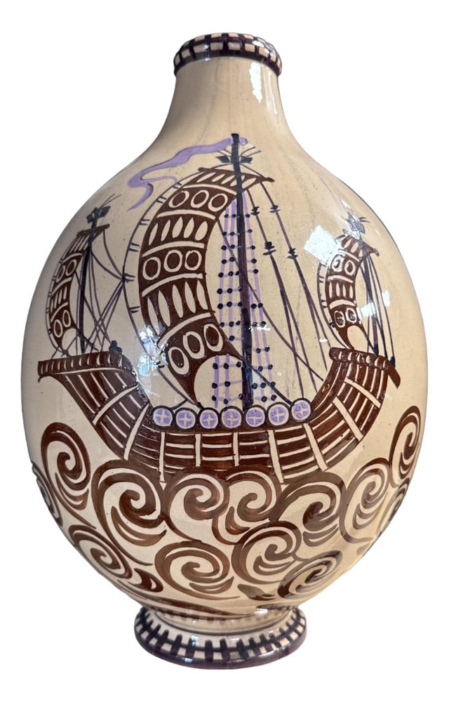 Vase by Henri Delcourt and Boulogne Sur Mer, 1920s: Art Deco Vase with Galleons by Henri Delcourt and Boulogne Sur Mer, 1920s Country of Manufacture: France Design Period: 1920 to 1949 Production Period: 1920 to 1929 Restoration and Damage Details: