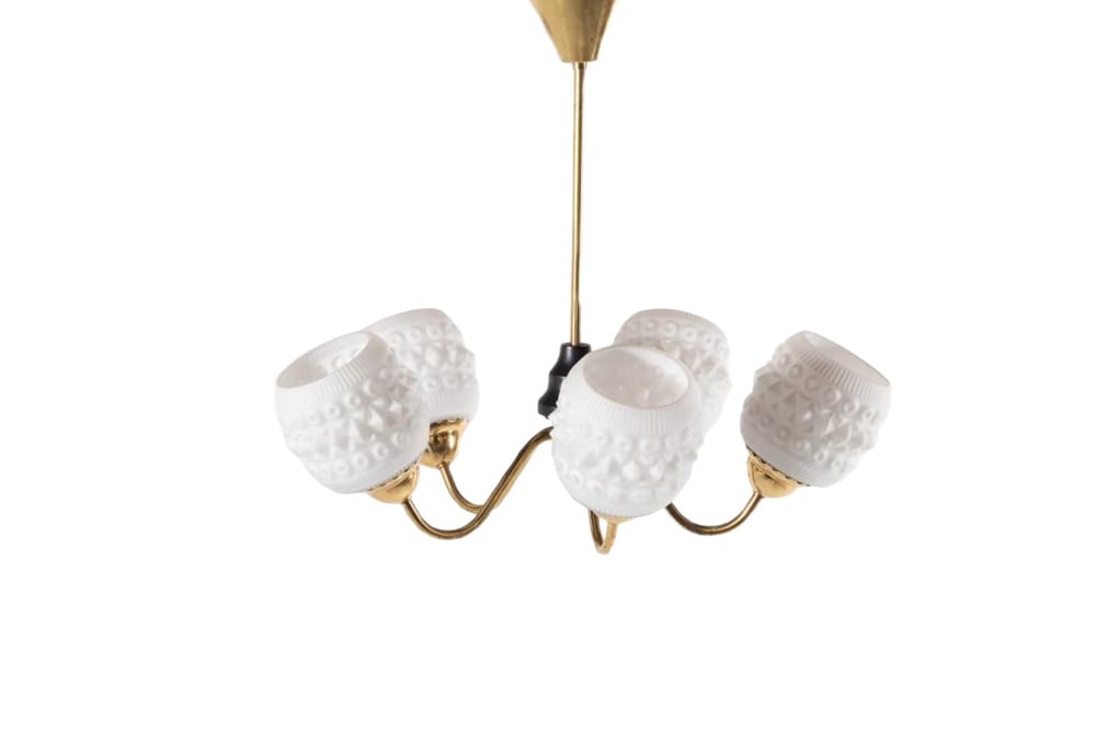 Brass Ceiling Lamp with White Crystal Shades: Beautiful Swedish brass ceiling lamp with 5 white crystal shades from 1950s. Condition Good, age related marks. Production Period: 1950 to 1959 Detailed Condition: Good — This vintage/antique