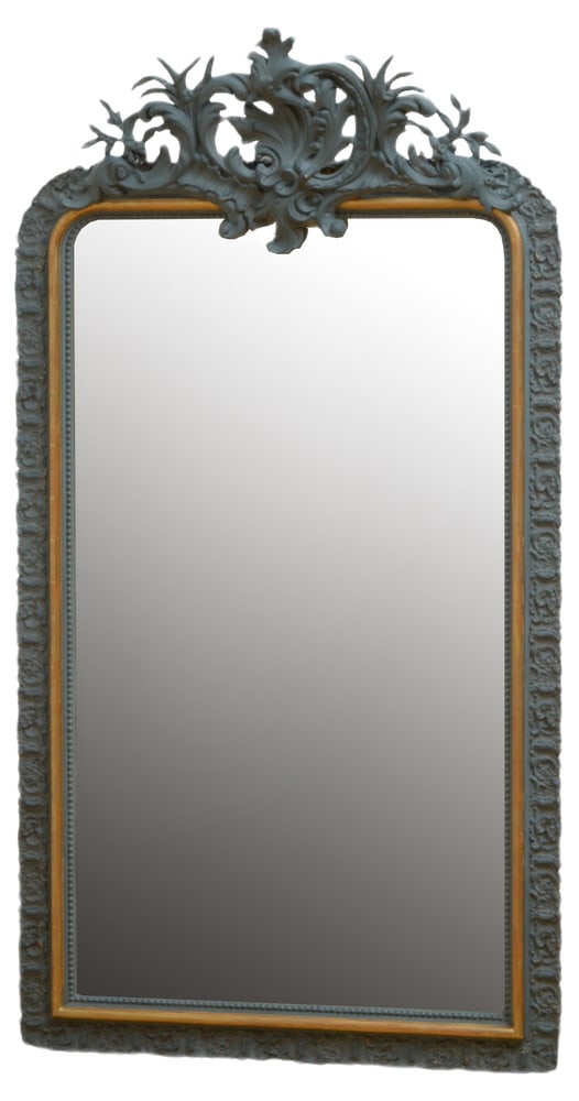 19th Century French Wall Mirror: Very attractive XIXth century giltwood and painted wall mirror, having original glass with minor imperfections in finely carved frame with floral crest to the centre, all in excellent home ready