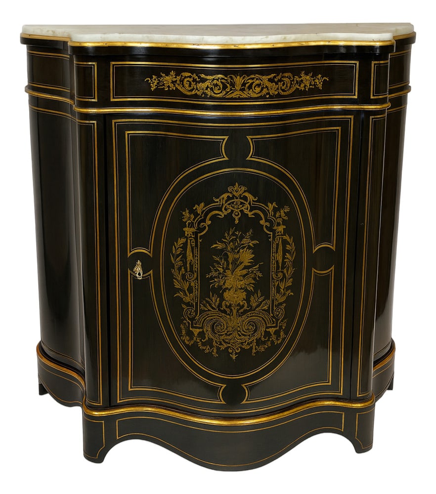 Napoleon III Cabinet in White Marble, 1800s: This elegant Napoleon III side cabinet (mid-19th century) is a refined example of French decorative arts.Crafted in ebonized wood with finely detailed brass marquetry, the central medallion features
