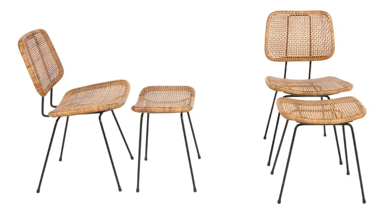 Chairs and Ottomans, Italy, 1960s, Set of 4: Elegant pair of Mid-Century Modern chairs with stools from 1960’s with black painted steel frame and wicker seat.Condition Good, age related wear and some wicker imperfections on the stools.