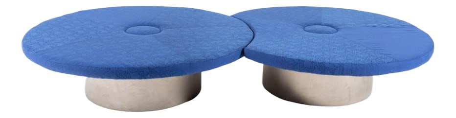 Waterlily Seats by T. G-Schwensen for Globe Zero 4: Two piece organically shaped seating islands ‘Waterlily’ from Troels Grum-Schwensen. Upholstered in blue cotton fabric, mounted on a stainless steel base. Made for Globe Zero 4. In height