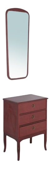 Lowboard and Mirror Hallway Set, 1970s, Set of 2: Scandinavian Swedish design hallway set consisting of mirror and storage unit/lowboard from 1970’s. The lowboard has 3 drawers with brass fittings. Condition Good, age related wear. Country of