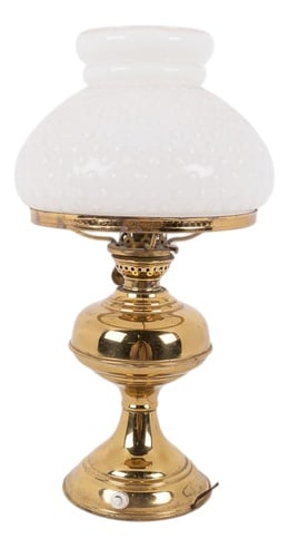 Mid-Century Brass Table Lamp, 1950s: Old brass base oil lamp table lamp with opal glass shade from 1960s, Italy. Probable later remade to electric. Condition Good. Production Period: 1950 to 1959 Detailed Condition: Good — This