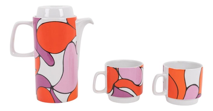 Ceramic Coffee Set from Franco Pozzi, Set of 3: Beautiful vintage glazed ceramic teapot/coffeepot with 2 cups designed by Franco Pozzi, ca. 1970s. Condition Good, cups have a few nicks on the rim (last 2 picture). Production Period: 1970 to 1979