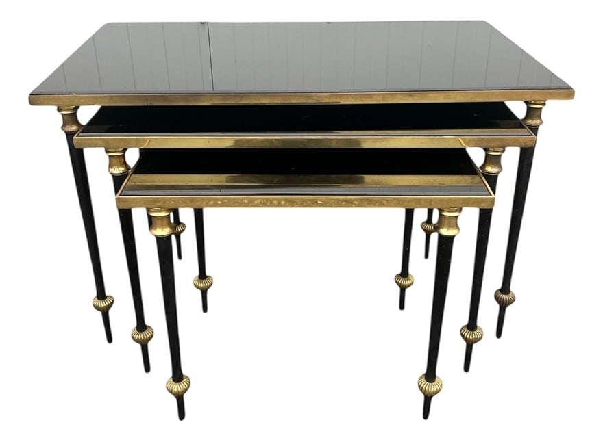 Tables from Maison Baguès, 1950s, Set of 3: Set of three neo-classical nesting tables in brass and black opaline glass, originally from the 1950s.Small: 43/37 cm, height 35 cm.Medium: 57/34 cm, height 39 cm.Large: 41/71 cm, height 43 cm. Countr