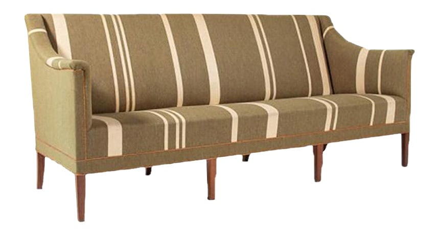 Model 6092 Sofa by K. Klint for Rud. Rasmussen: Danish Modern sofa by Kaare Klint, model 6092. The sofa has a mahogany frame on eight tapered legs, upholstered in striped wool and bored in natural leather. Produced by Rud. Rasmussen’s in 1940