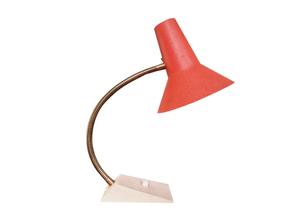 Metal Desk Lamp from Sis, Germany, 1960s: Vintage office lamp produced by the German manufacturer located in the 1960s.This articulated lamp has a red metal lampshade, a brass foot and a beige metal base.It has been re -electrified, it is