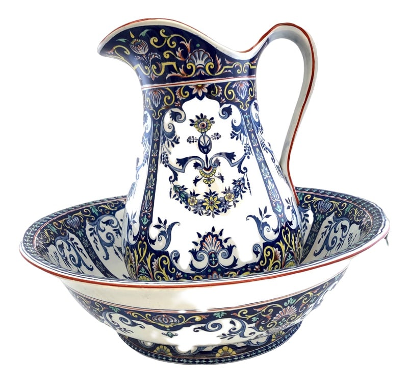 Pitcher & Bowl by Bordeaux, 19th Century, Set of 2: Large old French dressing table or bathroom set consisting of its basin and its pitcher of the Jules Vie Mieve Bordeaux manufacture (JVB). The model is Rouen. Rare to find! Important broca and its