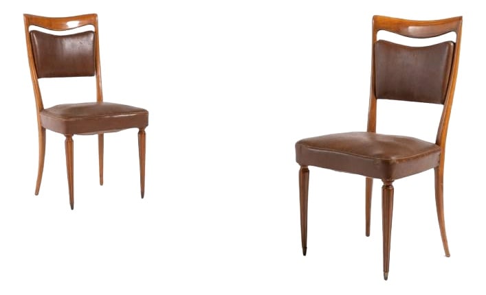 Chairs from Vittorio Dassi, 1950s, Set of 2: Pair Mid-Century Italian Modern Sculptural chairs from 1950’s with varnished walnut frame, original upholstery and bronze front feet covers. Condition Good, age related wear and marks.