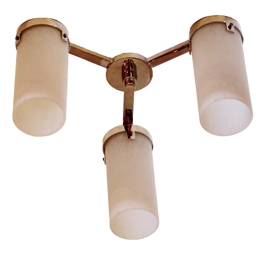 French Art Deco Petitot Style Ceiling Light, 1940s: Art deco ceiling lamp with three lights and white Pate de Verre glass cylinders (10 cm diameter). The lamp is designed in a style similar to that of Petitot and remains in a very good vintage