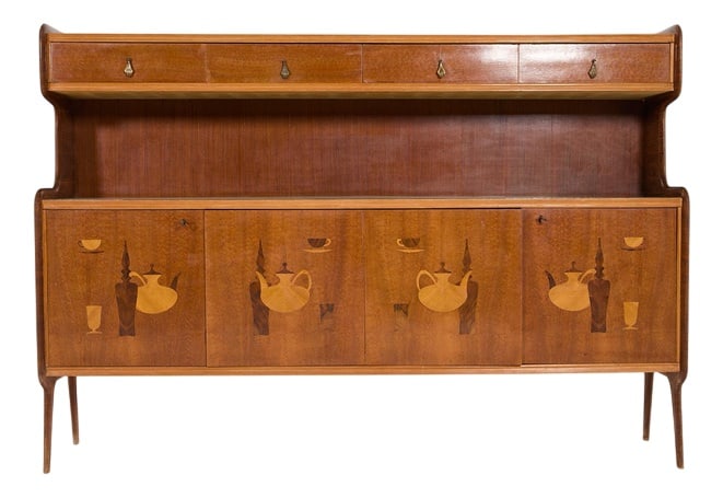 Mid-Century Modern Italian Bar Cabinet, 1960s: Beautiful exceptional Italian craftsmanship serving cabinet/bar in spectacular veneer finish. Equipped with 4 drawers and 4 doors where behind them you will find shelfs.Condition Good, age related