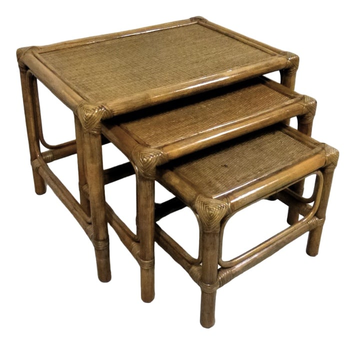 Rattan Nesting Tables, 1970s, Set of 3: Rattan and wicker nesting tables, set of 3 tables.Rattan frame, wicker table tops.H46/39/31,5XL61,5/50/39,5XD44/36,5/28 cm. Country of Manufacture: unknown Design Period: 1970 to 1979 Production