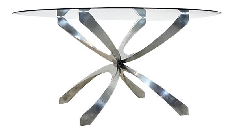 Glass Coffee Table by K. Hesterberg for R. Schmitt: A modernist aluminum glass coffee table, was designed by Knut Hesterberg for Ronald Schmitt Germany 1970s. While a glass plate topped the table, the polished aluminum base shows a futuristic shape tha