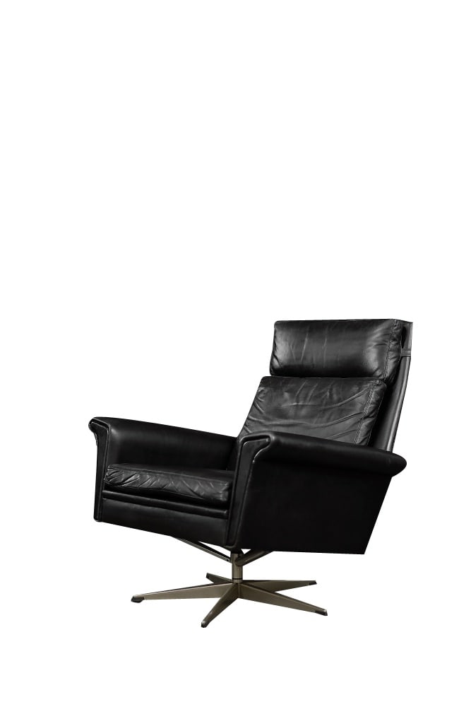 Danish Modern Swivel Armchair by G. Thams, 1960s: This rare office armchair was designed by the Danish designer Georg Thams during the 1960s. It is upholstered in black natural leather. It has three loosely placed pillows. The armchair is spacious