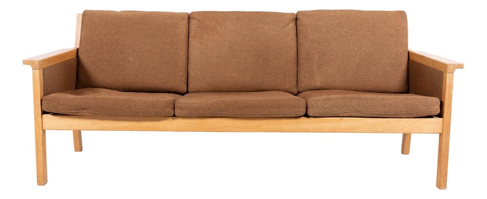 Sofa Model GE55 by Hans Wegner for Getama: Denmark has been home to many furniture designers such as H. J. Wegner. This beautiful sofa produced by Getama has an oak frame with original brown wool fabric upholstery, equipped with loose cushions
