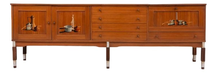 Mid-Century Modern Sideboard, Italy, 1950s: Italian Mid-Century Modern walnut veneer credenza from 1950’s. Features 2 doors and shelves behind them, 4 drawers and a compartment for your drinks with a flap door. Hand painted ornaments on