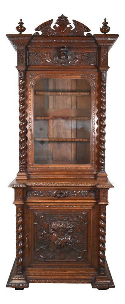 French Louis Xiii Style Oak Hunt Display Cabinet: French Oak Hunt Display Cabinet Louis XIII StyleThis Neo-Gothic Oak Hunt Display Cabinet features prolific deep relief carving throughout. On the top an arched pediment with a central o