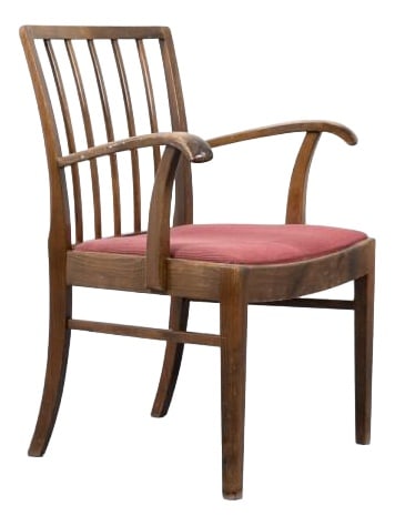 Danish Modern Armchair by Frits Henningsen, 1950s: Mid-Century armchairs with sculptural stained wood frame and fabric seat upholstery. Designed by Frits Henningsen in 1950s. Condition Age related wear and marks. Production Period: 1950 to 1959