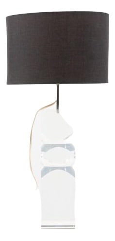 Table Lamp by Alessio Tasca for Fusina, 1970s: Spectacular geometrical shape table lamp made in 1970s by Alessio Tasca for Fusina, Italy. The lamp features a solid acrylic base with geometric cuts and a round black shade. Condition Good. Country