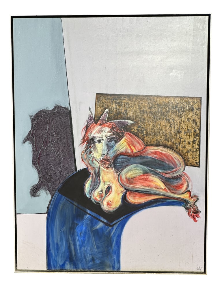 Henri Ren, Portrait, 1982, Oil on Canvas: Henri Ren, Expressionist Portrait, 1982, Oil on Canvas, 205cm x 154cm Country of Manufacture: France Design Period: 1980 to 1989 Production Period: 1980 to 1989 Restoration and Damage Details: Light