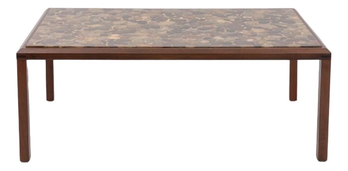 Coffee Table by Ib Kofod-Larsen for AB Saffle: Impressive coffee table from 1960s by Ib Kofod Larsen for AB Seffle Möbelfabrik. It has a stained walnut frame with a cast top in resin with natural stones. Condition Good, age related wear and